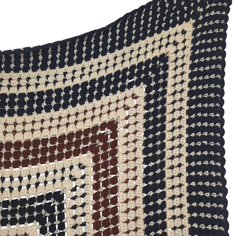 Vintage Handmade Crochet Afghan Granny Square‎ Blanket in Black Cream Brown Cozy